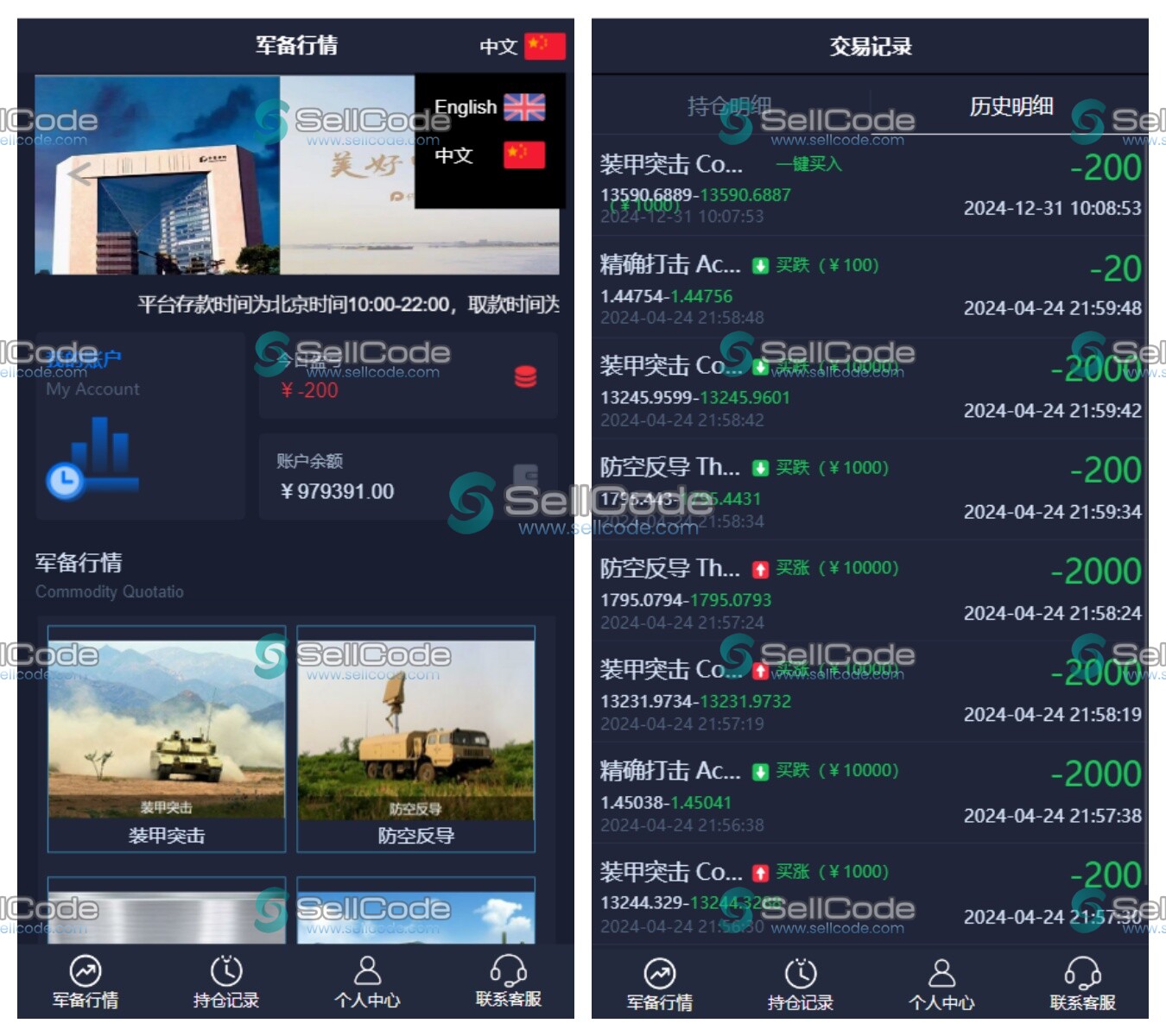 双语言军事军备类型微盘交易所源码-SellCode